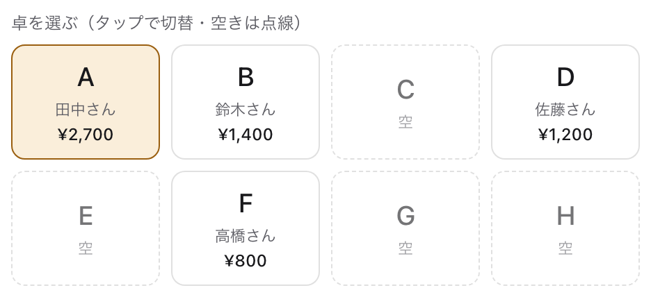 卓を選ぶ操作の実画面